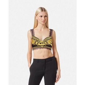 Versace Barocco Bralette Silk Twill And Lace Printed Top Size 46 NWT